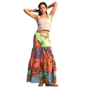 Farm Rio, Floral Tiered Patchwork Maxi Skirt, Size M